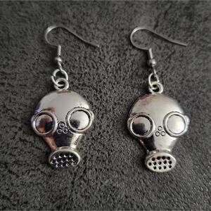 Gas mask steampunk silver tone earrings